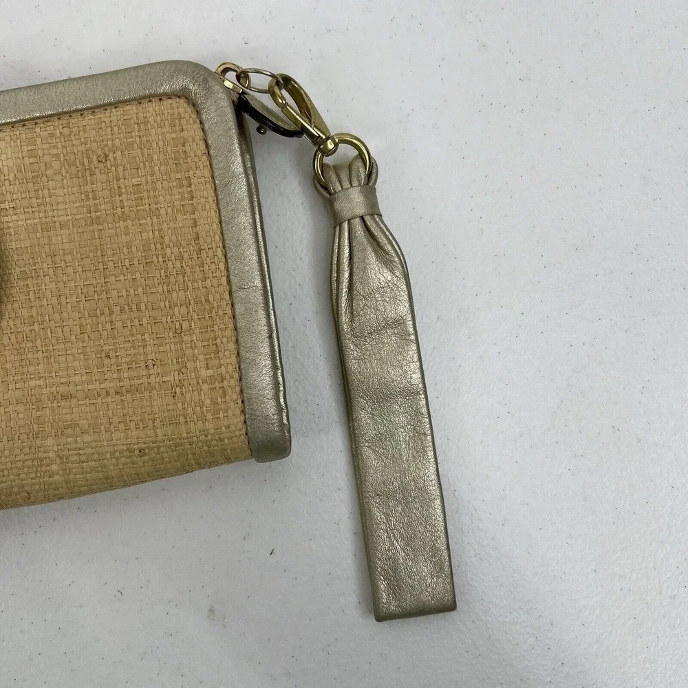 Coach Parker Natural Straw Leather Trim Clutch Wristlet Wallet Gold Turnlock